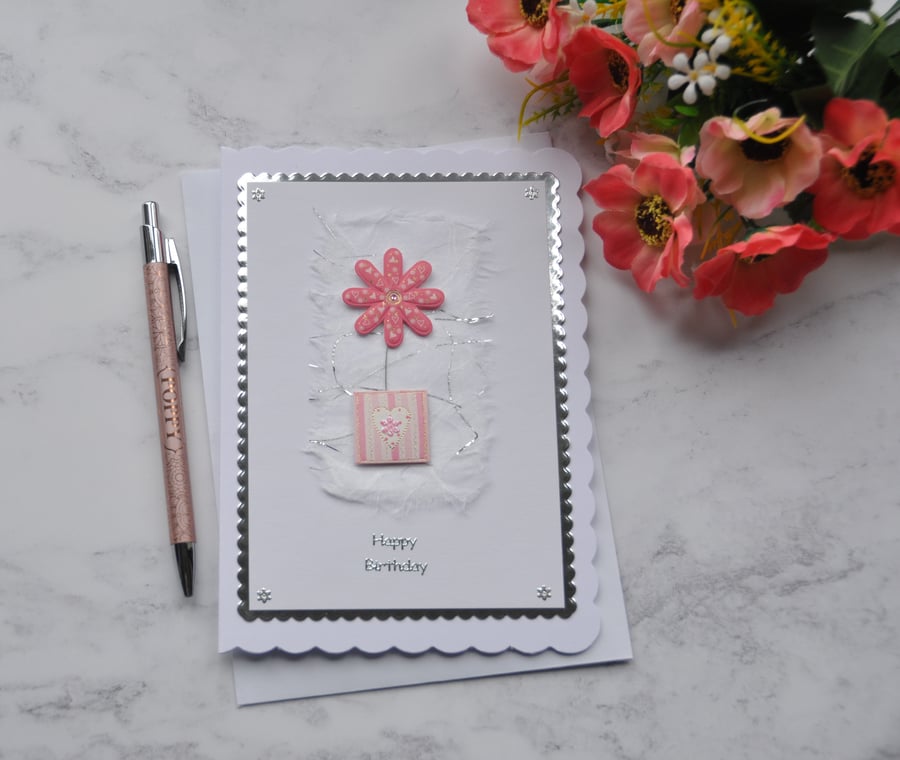 Flower Birthday Card Happy Birthday Pink Flower Handmade Paper Silver Foil