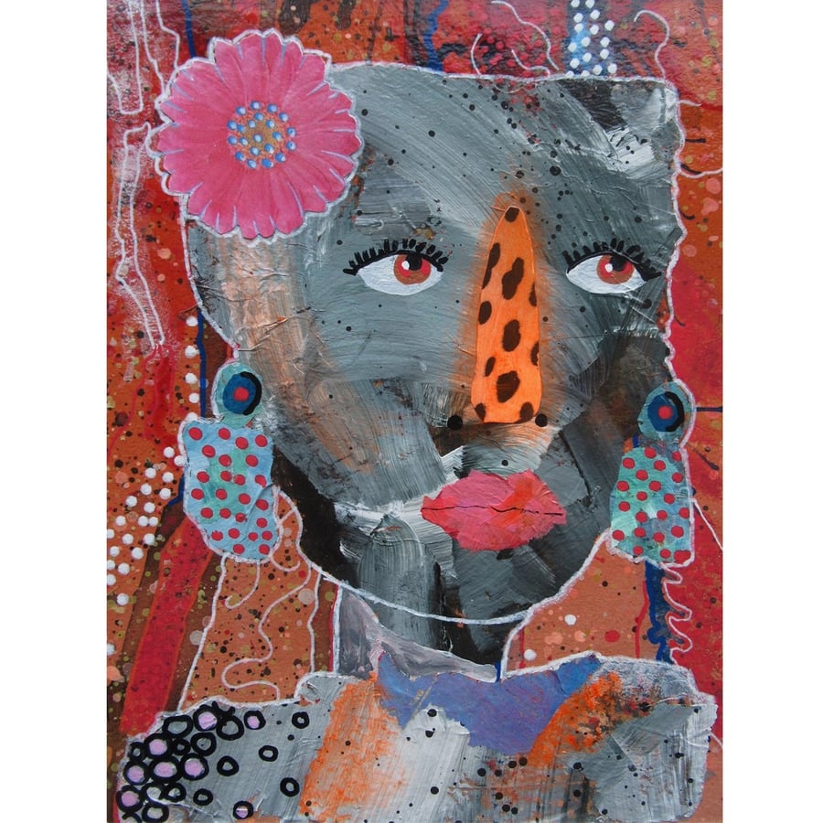 Outsider Folk Art Painting Female Portrait Face With Flower Mounted Artwork