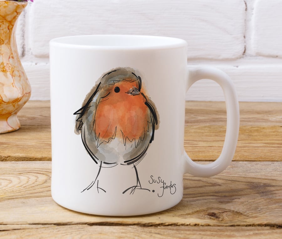 Robin Bird Mug, Enchanting Robin Mug, Garden Bird Mug by Artist Susy Fuentes
