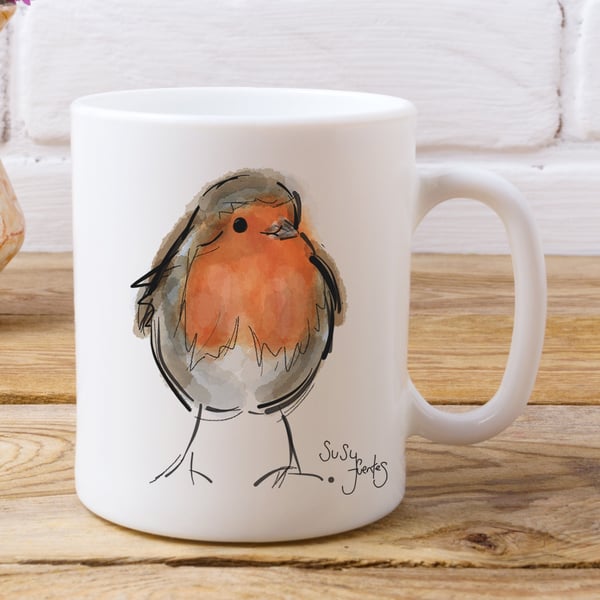 Robin Bird Mug, Enchanting Robin Mug, Garden Bird Mug by Artist Susy Fuentes