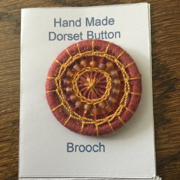 Beaded Dorset Button Brooch, Brown and Gold, B9