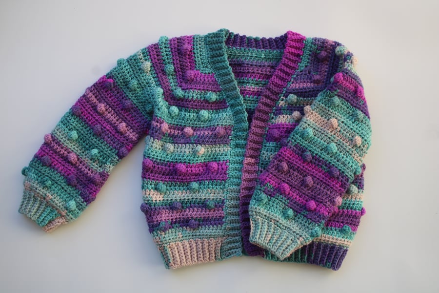 Girls Cardigan, Bobble Cardigan, Size 3-4 Years, Dark Purple, Teal, Cream