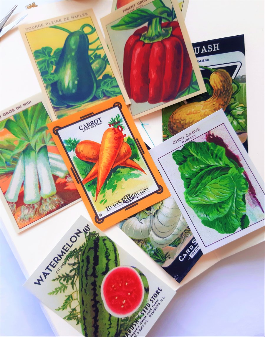 Vintage vegetable seed packet die cuts, card topper embellishments