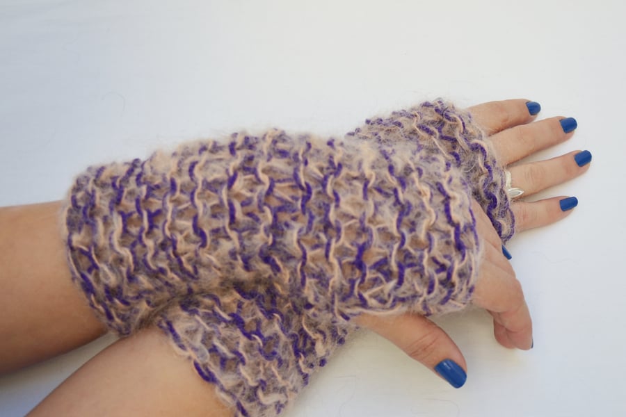 Fingerless Gloves knitted, Pink and Purple Mohair