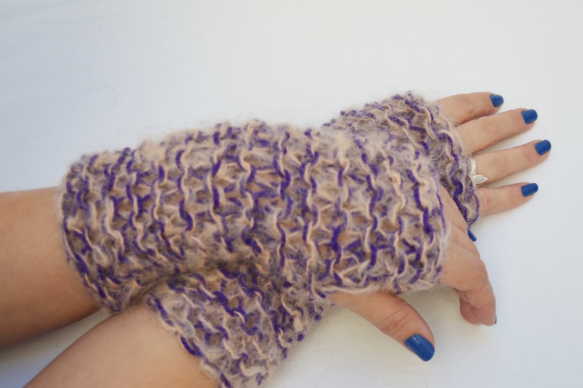 Fingerless Gloves knitted, Pink and Purple Mohair