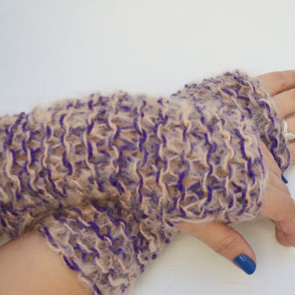 Fingerless Gloves knitted, Pink and Purple Mohair