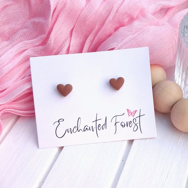 Dark Brown Mini Heart Stud Earrings, Minimalist Jewellery, Accessories & Gifts