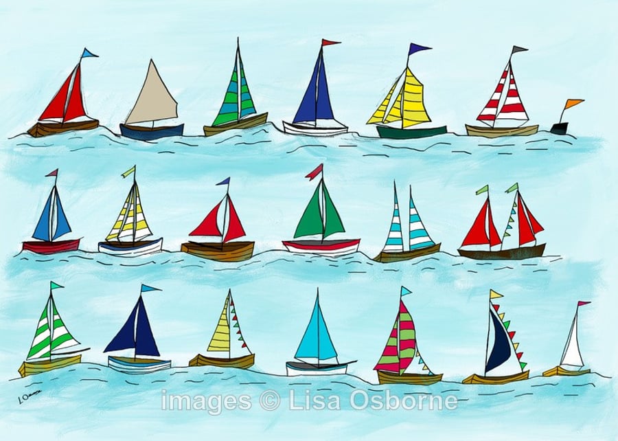 The Regatta. Signed print. Sailing. Boats. Sea. Digital illustration. Coast