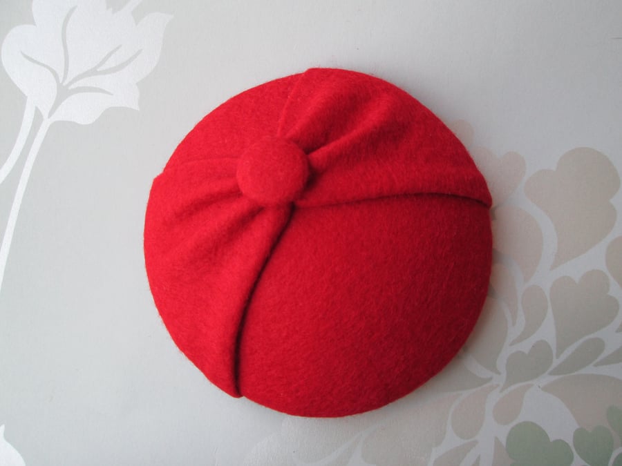 Mini Red Button Hat - Red Fascinator, Mini Felt Cocktail Hat, Wedding, Vintage
