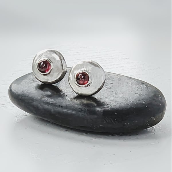 Recycled Sterling Silver silver stud earrings, silver garnet stud earrings