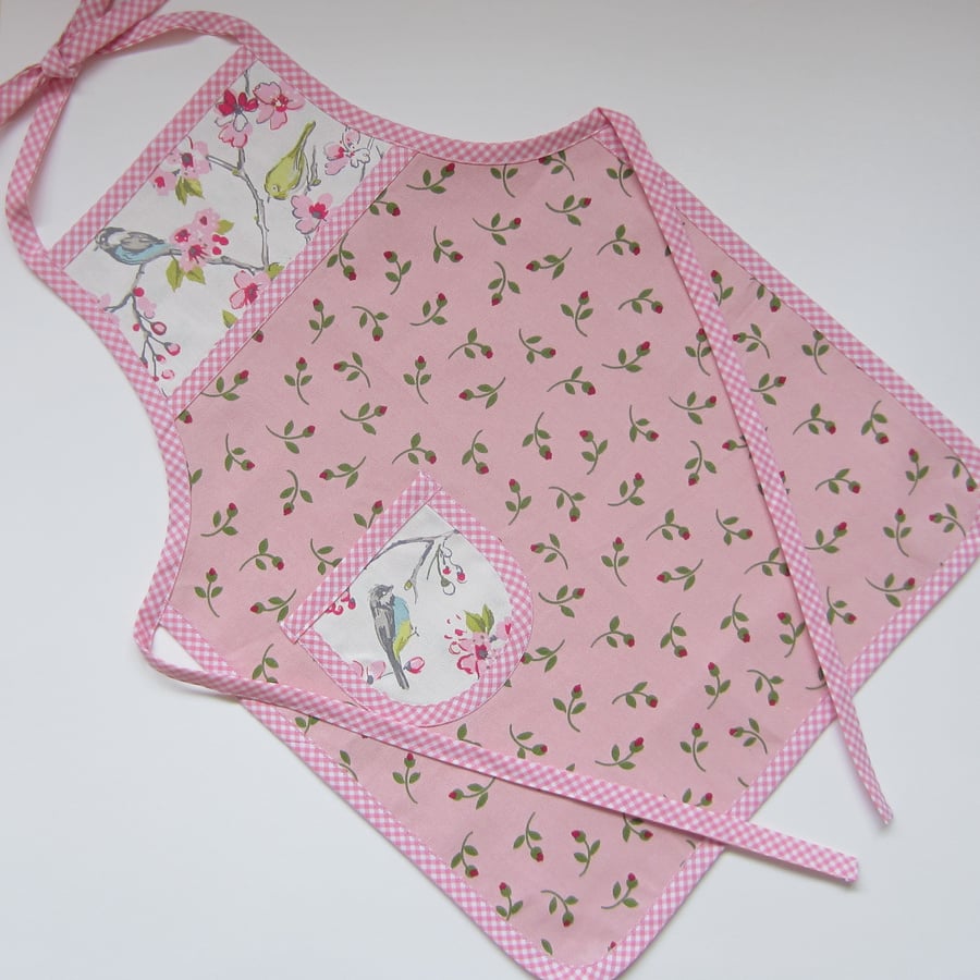 Girl's Pink Bird and Rosebud Apron