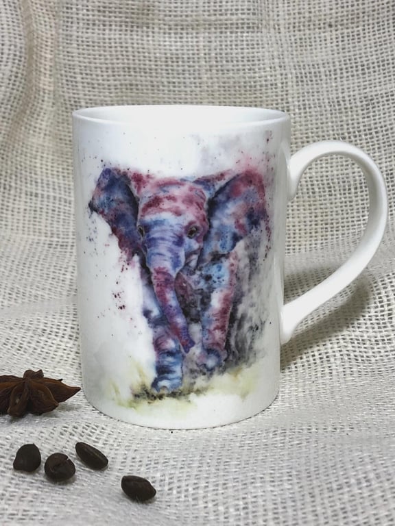 Baby Elephant Watercolour Bone China Mug, China Cup, Gift, Wildlife Art Mug by W