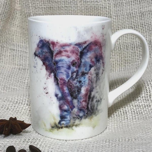 Baby Elephant Watercolour Bone China Mug, China Cup, Gift, Wildlife Art Mug by W
