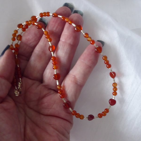 Sterling Silver and Carnelian Hearts Necklace 17 inches long