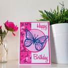 Birthday Card Die-cut Blue Butterfly on Pink Embossed Background Glitter Centre