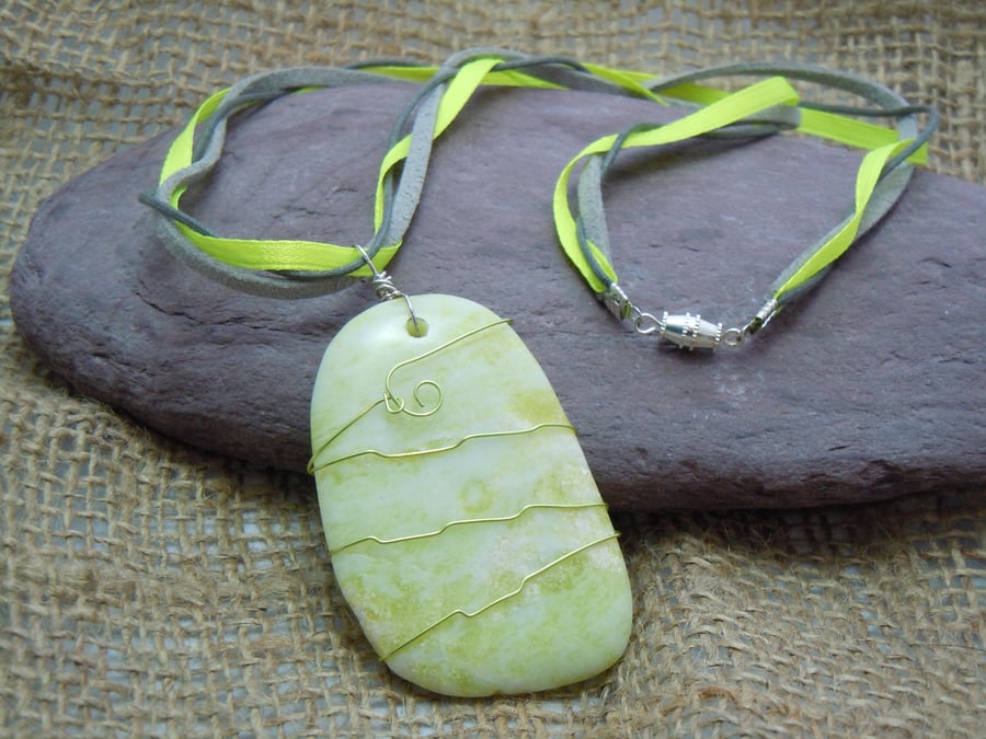 Wirewrapped Lemon Jade pendant with ribbon & faux leather cord 