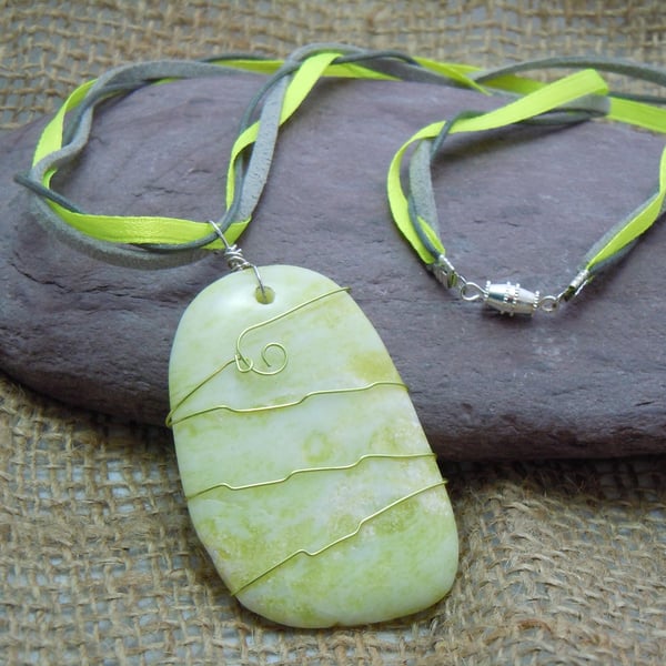 Wirewrapped Lemon Jade pendant with ribbon & faux leather cord 