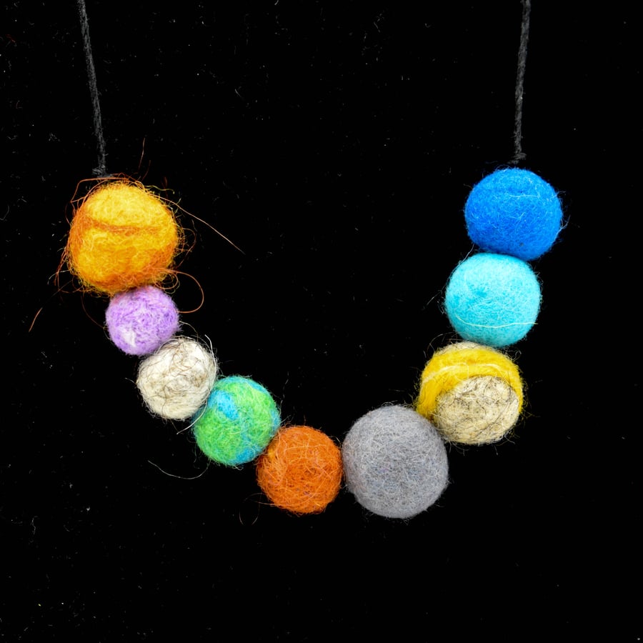 Solar system Felted wool bead necklace