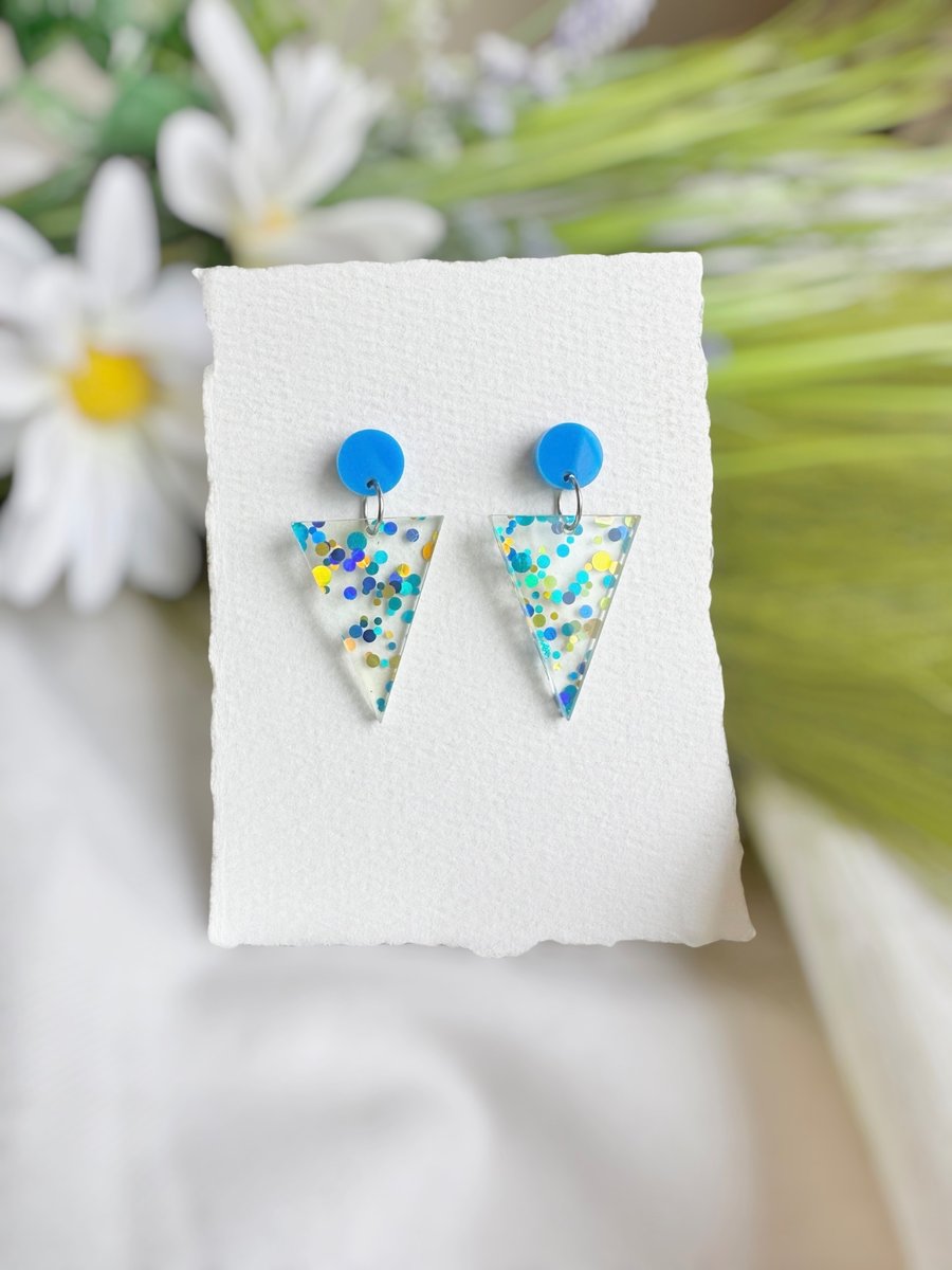 Blue Dot Confetti Triangle Earrings 