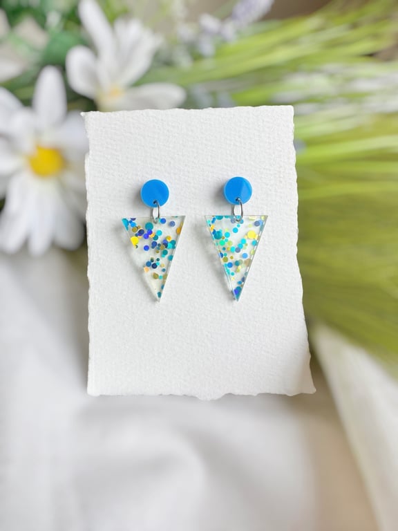 Blue Dot Confetti Triangle Earrings 