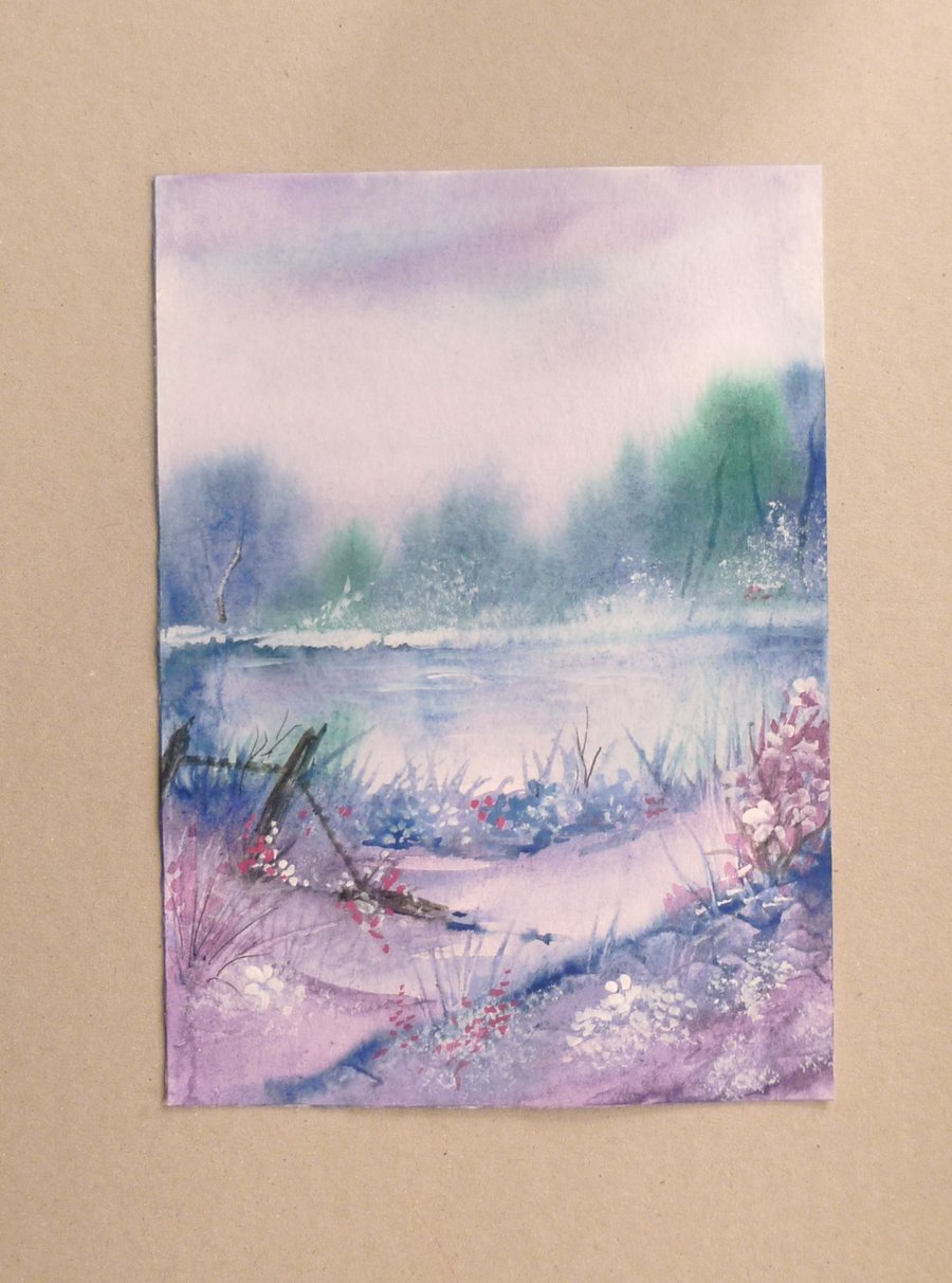 original art watercolour misty lake landscape painting ( ref F 619.A5 )