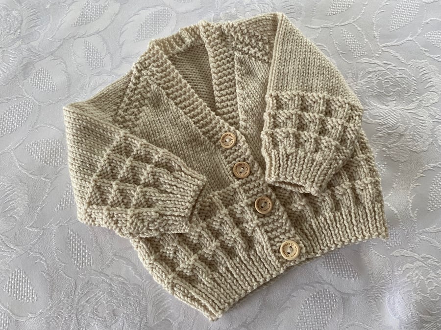 Hand knitted V neck Baby Unisex Stone Cardigan to fit 0 - 3 month approx