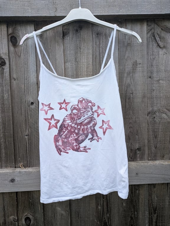 upcycled lino print unique jester toad vest top sized XS