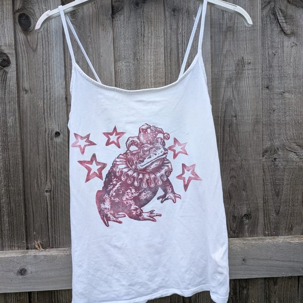 upcycled lino print unique jester toad vest top sized XS