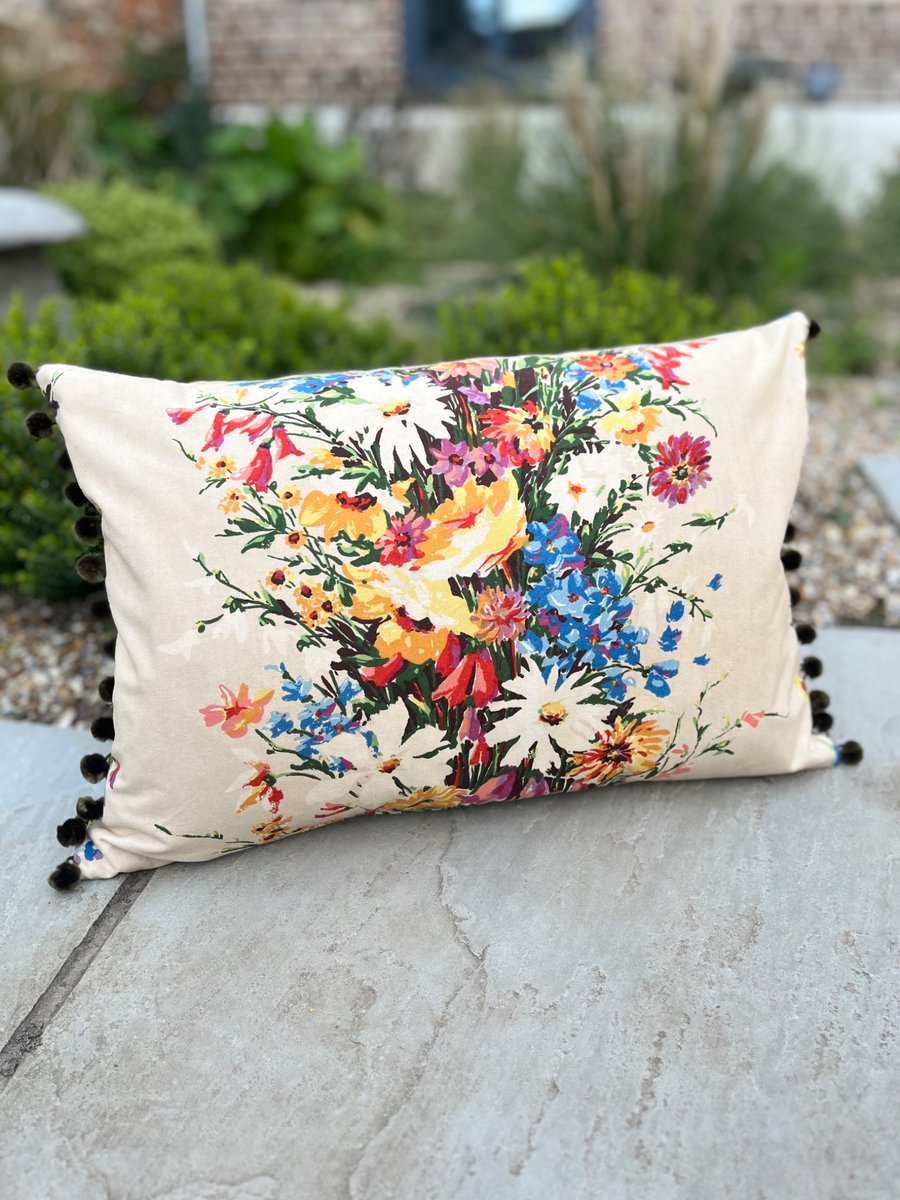 Vintage floral rectangular cushion cover with pompom trim