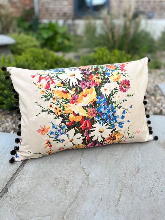 Vintage floral rectangular cushion cover with pompom trim