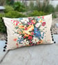 Vintage floral rectangular cushion cover with pompom trim