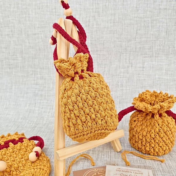 Small Crochet Drawstring Pouch In Mustard, With Beads, Favour Bag, Table Favour