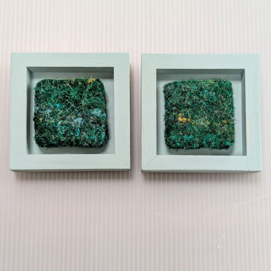 Green Abstract Textile Mini Art in Duck Egg Painted wooden frame.