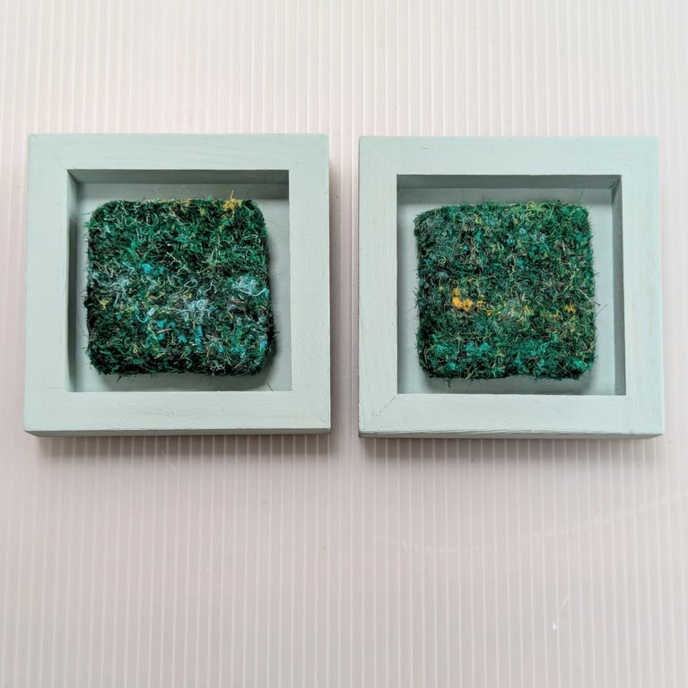Green Abstract Textile Mini Art in Duck Egg Painted wooden frame.