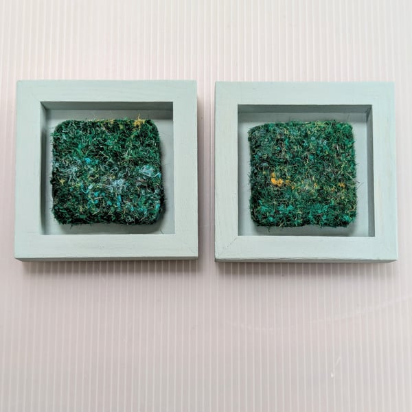 Green Abstract Textile Mini Art in Duck Egg Painted wooden frame.