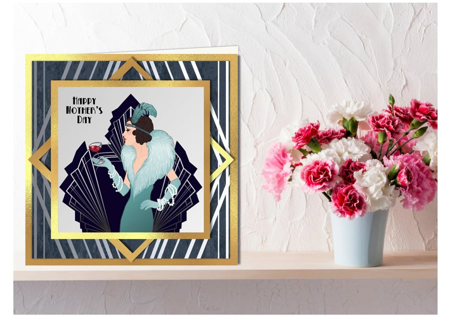 Art Deco Mother's Day cards with elegant lady in various colours