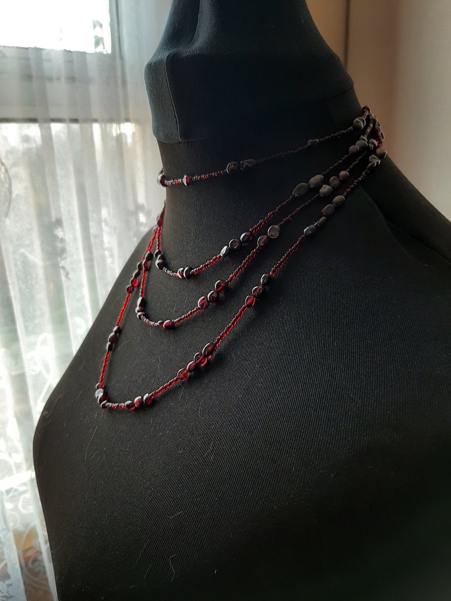 Beaded Gemstone Multi Strand Necklace Red Garnet and Glass