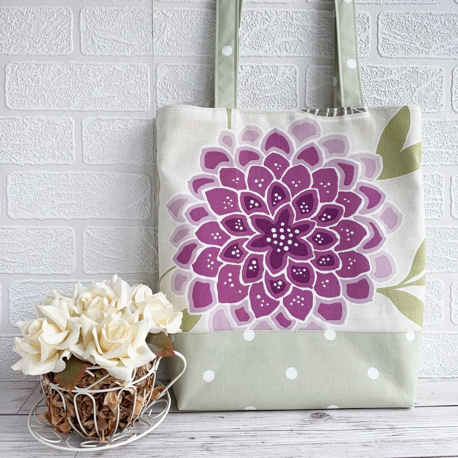 Polka Dot Tote Bag with Large Purple Geometric Flower