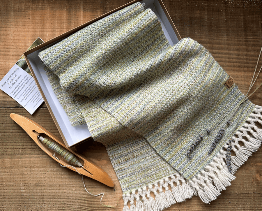 British Wool Scarf Hand Woven with Hand Painted Weft 'Winter Falls' Diamonds