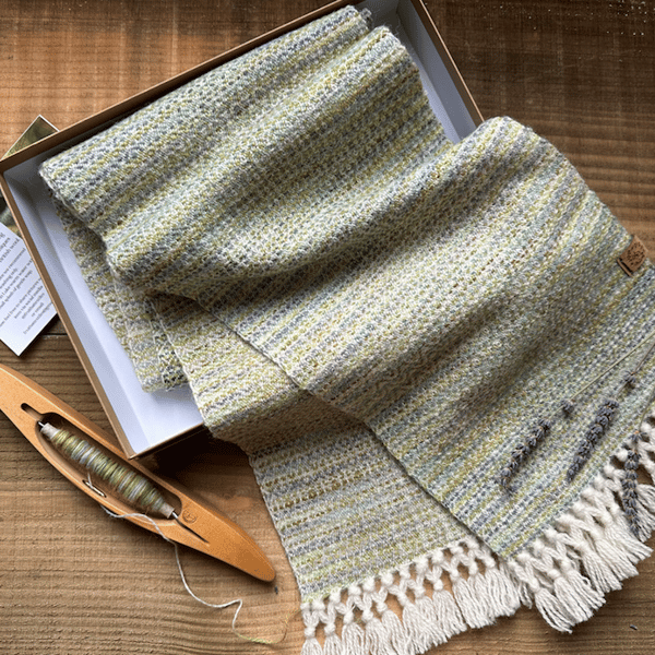 British Wool Scarf Hand Woven with Hand Painted Weft 'Winter Falls' Diamonds