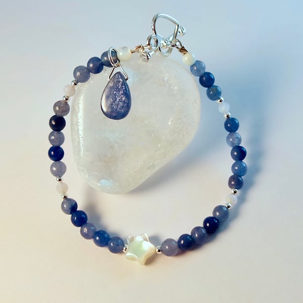 Blue Aventurine Bracelet With Kyanite Drop - Handmade Gift, Anniversary, Wedding