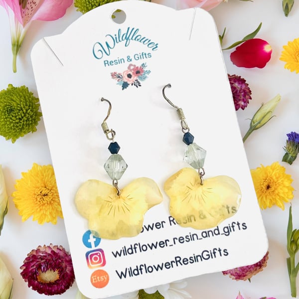Yellow pressed flower earrings, real flower earrings, pressed flower jewellery