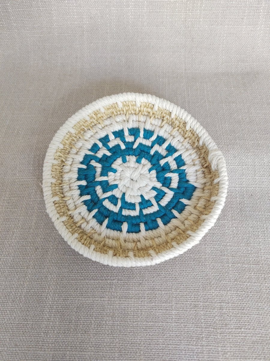 Teal Blue Trinket Bowl Cotton & Sisal Macrame Coiled Basket 14cm
