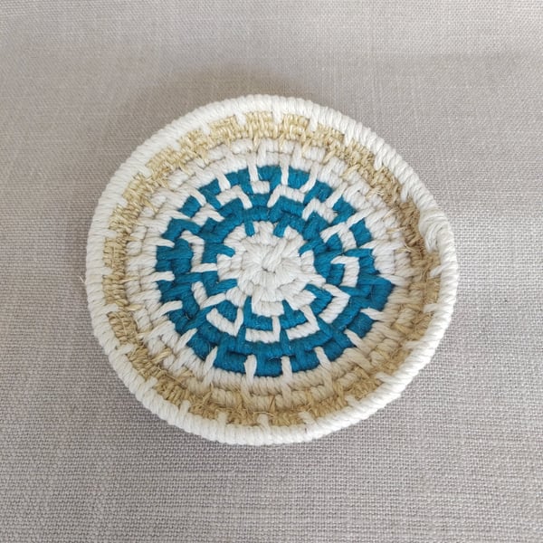 Teal Blue Trinket Bowl Cotton & Sisal Macrame Coiled Basket 14cm