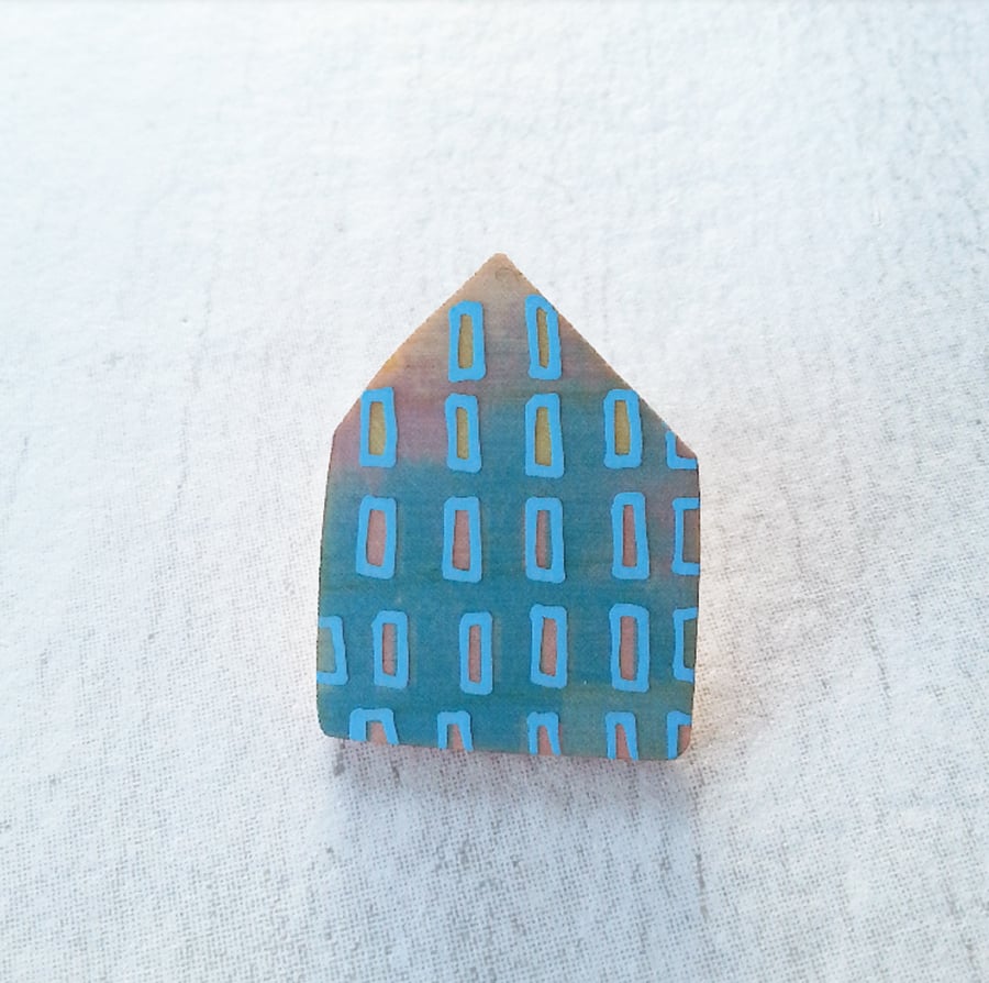 Wooden House Pin Badge, House Brooch, House Pin, Blue House