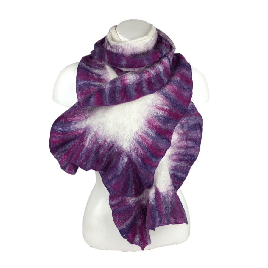 Merino wool nuno felted scarf on silk, white with pink and purple ruffled border
