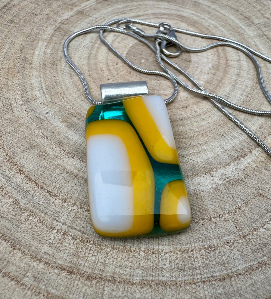 A Beautiful Handmade Blue, Yellow and White Fused Glass Pendant 