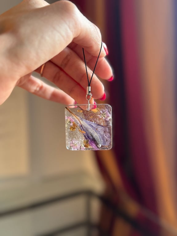 Pressed Flower with Gold Lead Phone or Bag Charm 