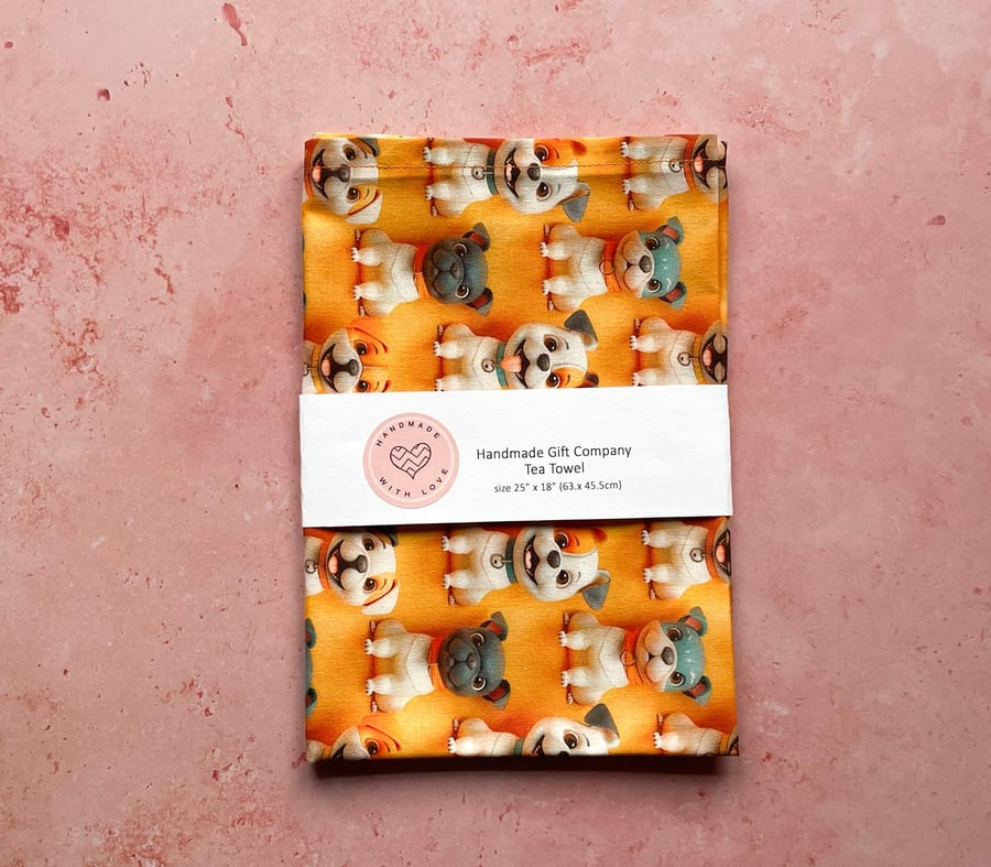 Fabric Handmade Pretty Cotton Tea Towel with a Colourful Cute Dog Design
