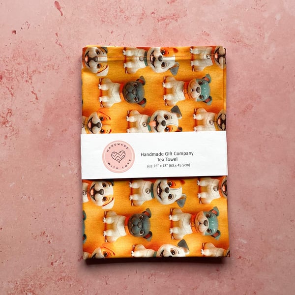 Fabric Handmade Pretty Cotton Tea Towel with a Colourful Cute Dog Design